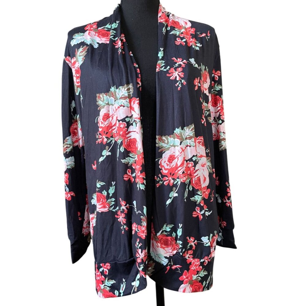 black floral draped lightweight long sleeve open cardigan small rose print